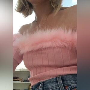 For Love and Lemons Pink Cropped Knit Top with Faux Fur Trim